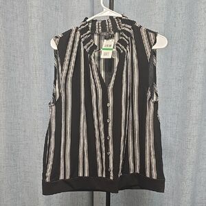 1. State Sleeveless Rounded Vneck  Louse. Black With Wide Light Gray Stripes NWT
